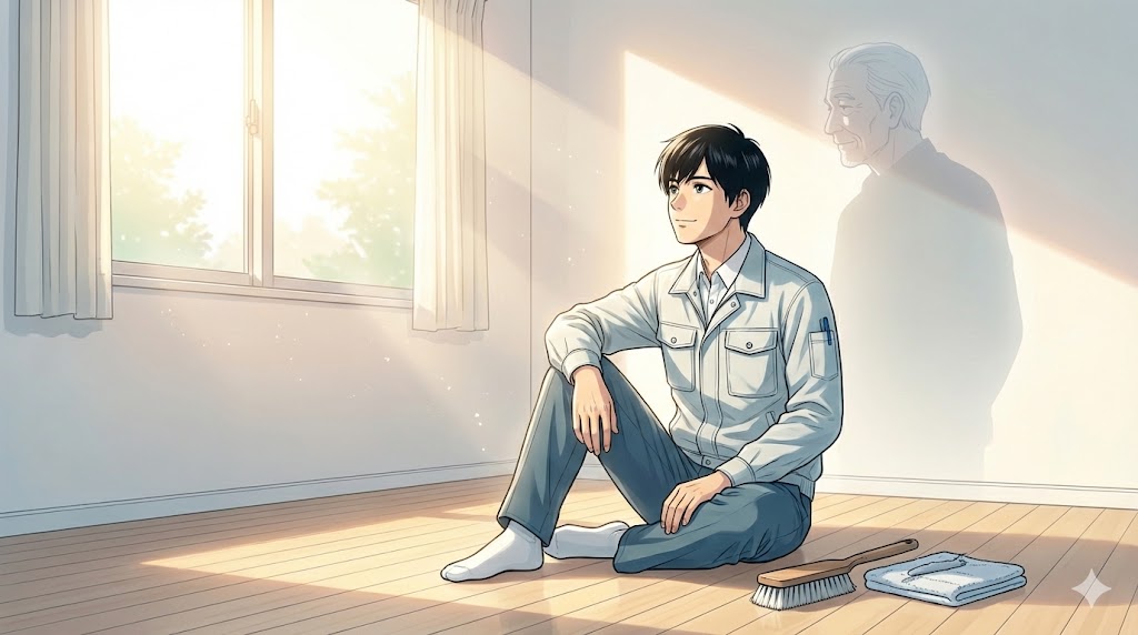 ROUTE ENDの結末と救いを象徴する画像。陽光が差す綺麗な部屋で微笑む太慈と、彼の人生の意味を深く考察するセクションに最適なイラストです。