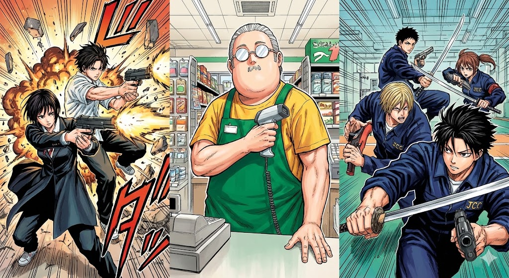『SAKAMOTO DAYS』の画風を再現した、コンビニでの迫力あるバトルシーンと店長・坂本の勇姿。