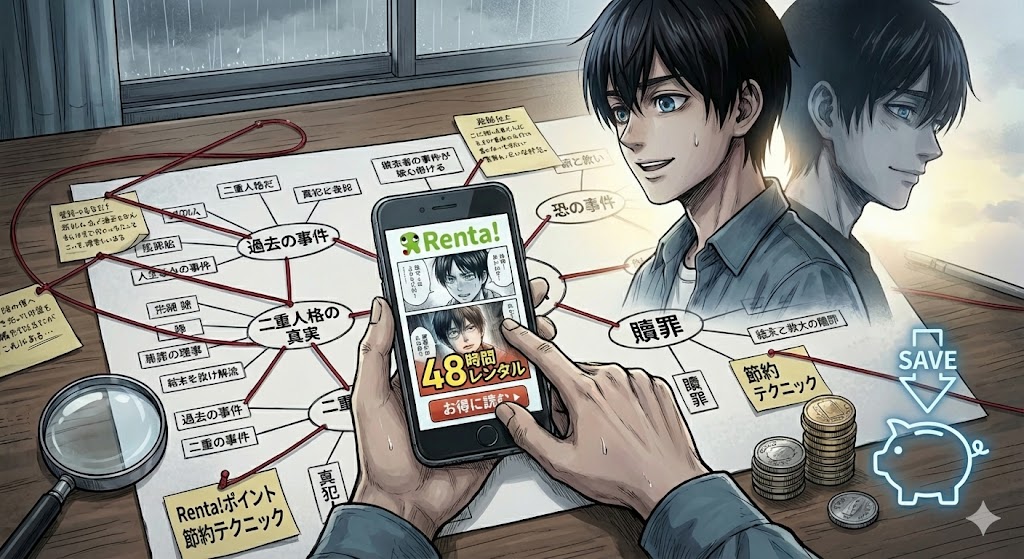 漫画『親愛なる僕へ殺意をこめて』のイラスト。Renta!の48時間レンタルを活用して全巻を安く読むテクニックや、ポイント節約術を解説する画像。