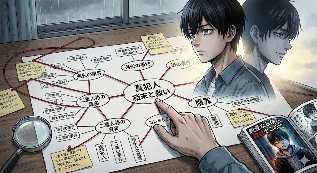 漫画『親愛なる僕へ殺意をこめて』の二重人格と結末を象徴する不穏なイラスト。物語の核心にある救いや真犯人のネタバレ考察を補足する画像。