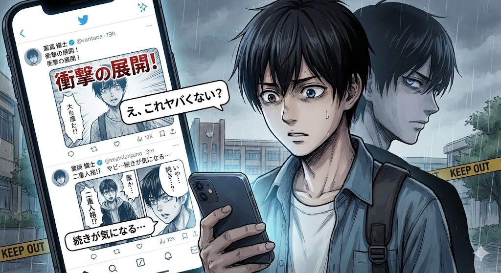 漫画『親愛なる僕へ殺意をこめて』の二重人格を象徴する不穏なイラスト。作品のあらすじや読者の口コミ評価を解説するセクションに最適な画像。