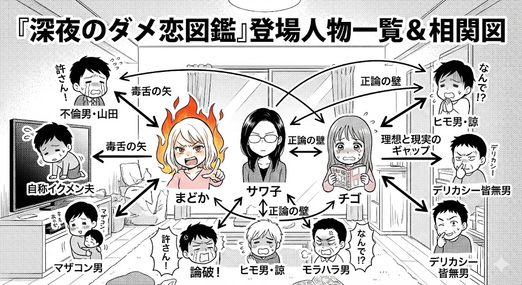 『深夜のダメ恋図鑑』の登場人物相関図。円、佐和子、千代の3人が、不倫男やヒモ男、自称イクメンなど多様なダメ男たちを正論で論破する関係性を整理。