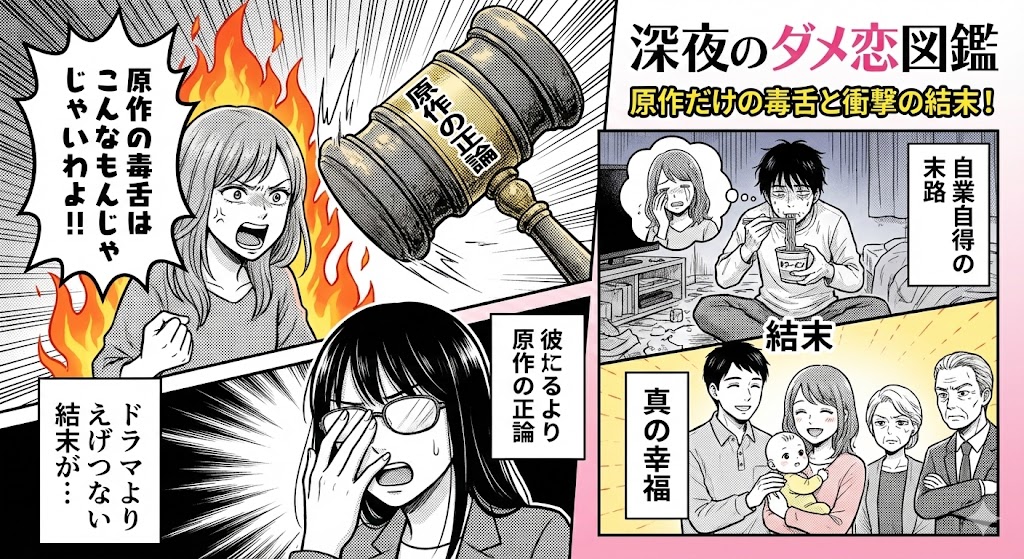 『深夜のダメ恋図鑑』原作にしかない過激な毒舌と、ダメ男の末路や真の幸福を描いた結末を表現した、カタルシス溢れるマンガ風イラスト。