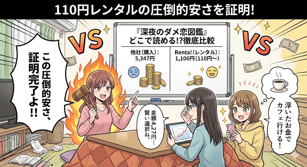 『深夜のダメ恋図鑑』をどこで読めるか比較したイラスト。全巻購入より安い110円レンタルの圧倒的な価格差を、作中のキャラが熱弁する様子。