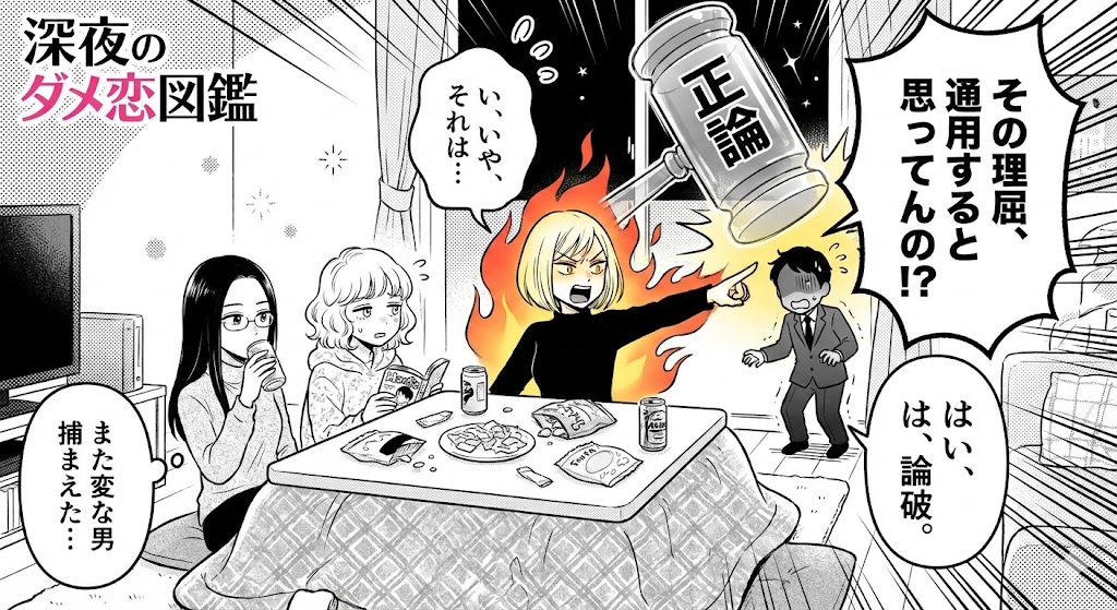 『深夜のダメ恋図鑑』のキャラがダメ男を「正論」で論破する名シーンを再現。こたつ女子会中にスッキリする回のようなカタルシスを感じるイラスト。