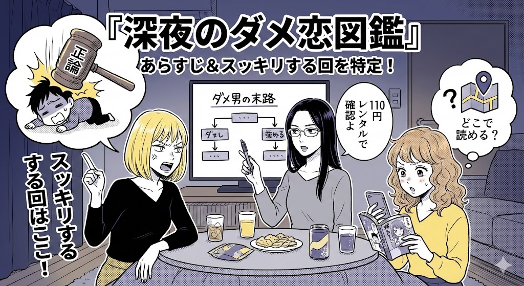 『深夜のダメ恋図鑑』の3人が、「スッキリする回」「110円レンタル」「どこで読める」といった情報を、こたつを囲んで解説しているマンガ風イラスト。