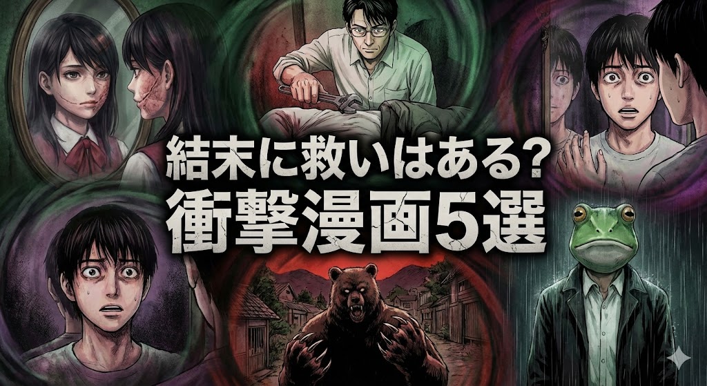 衝撃漫画5選の結末に救いはあるか？『ミュージアム』などのネタバレと賢く読む方法を解説。雨の中で対峙するキャラを描いたアイキャッチ画像。