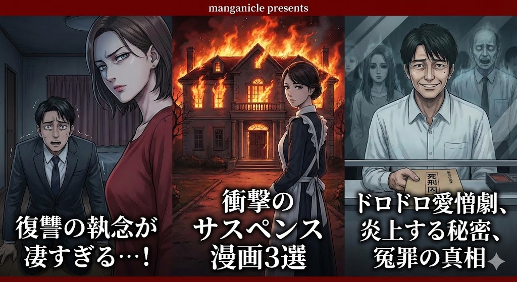 復讐の執念が凄い衝撃のサスペンス漫画3選。極限夫婦・御手洗家・死役所の世界観を表現した、ネタバレ感想まとめ記事用のアイキャッチ画像。