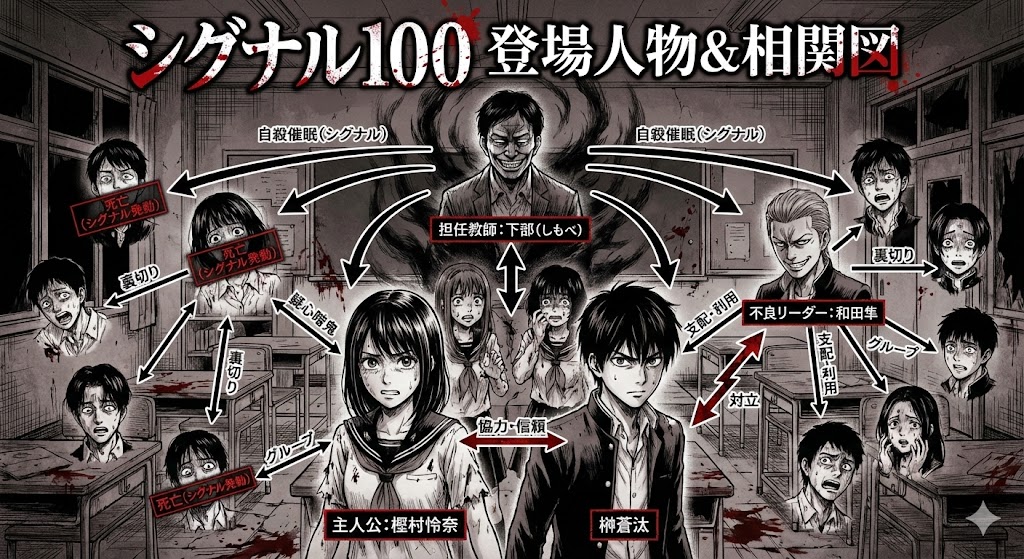シグナル100の主要キャラ相関図。樫村怜奈や榊蒼汰など、デスゲームに巻き込まれた生徒たちの複雑な人間関係と運命を視覚的に解説した画像。