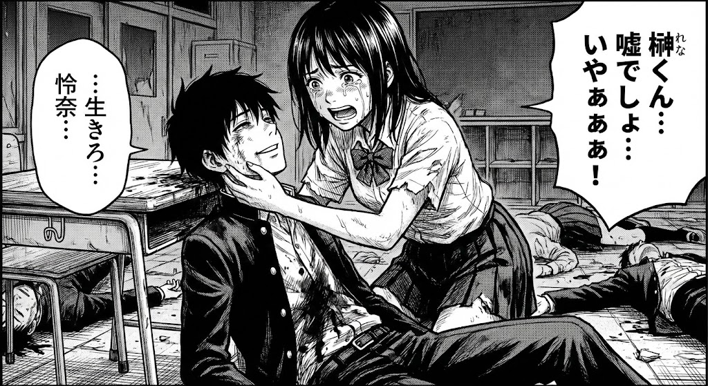 漫画シグナル100の終盤、生き残りをかけた凄惨なクライマックスシーン。樫村怜奈が直面する絶望的な結末と衝撃のラストを表現した画像。