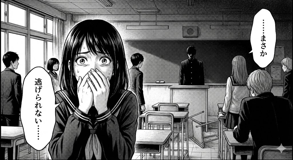 漫画シグナル100のあらすじや生存者を紹介する画像。血塗られた教室で絶望する生徒と教師の姿が描かれ、主要な検索キーワードの文字が含まれています。