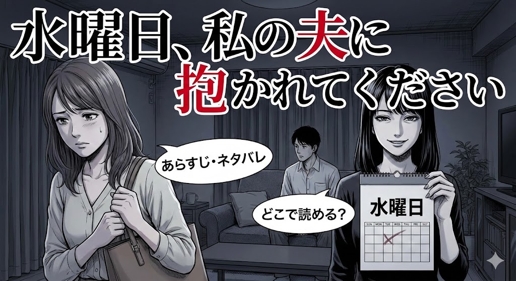 『水曜日、私の夫に抱かれてください』のあらすじ・ネタバレ・どこで読めるかを解説。 不気味な妻と困惑する愛人の泥沼な様子を描いたイラスト。