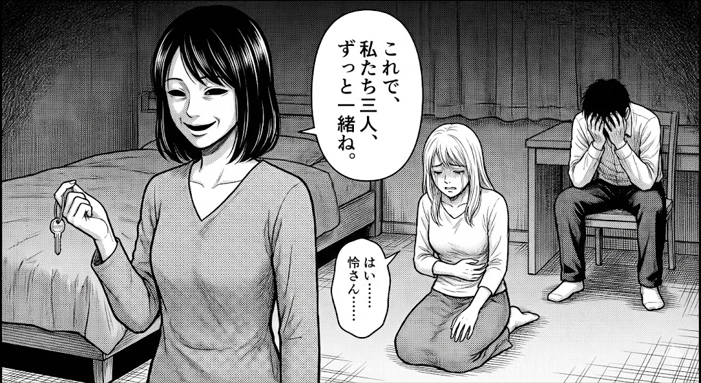 水曜日、私の夫に抱かれてくださいのあらすじ・ネタバレ解説画像。カレンダーを持つ妻と愛人が対峙する終盤の衝撃的なワンシーン。