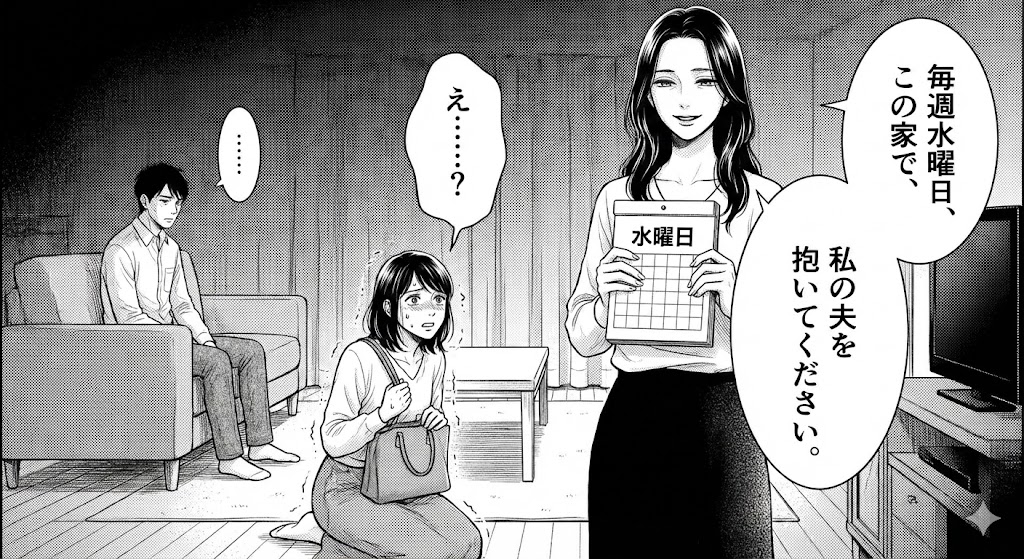 水曜日、私の夫に抱かれてくださいのあらすじ・ネタバレ・どこで読めるを解説。カレンダーを持つ妻の怜と怯える蓉子の対照的なイラスト。