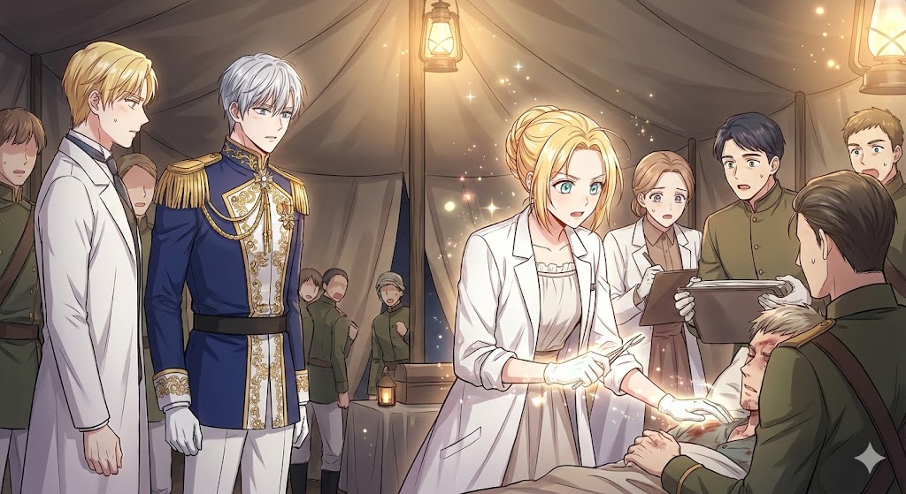 漫画『外科医エリーゼ』の外科医姿と令嬢姿を対比した画像。現代医学の知識を武器に異世界の過酷な運命を切り拓く物語の核心を表現。