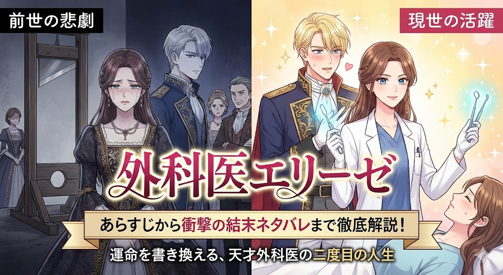 漫画「外科医エリーゼ」のあらすじと結末ネタバレを解説する画像。現代の外科医と異世界の令嬢、二つの運命を歩むエリーゼの姿を対比して描く。