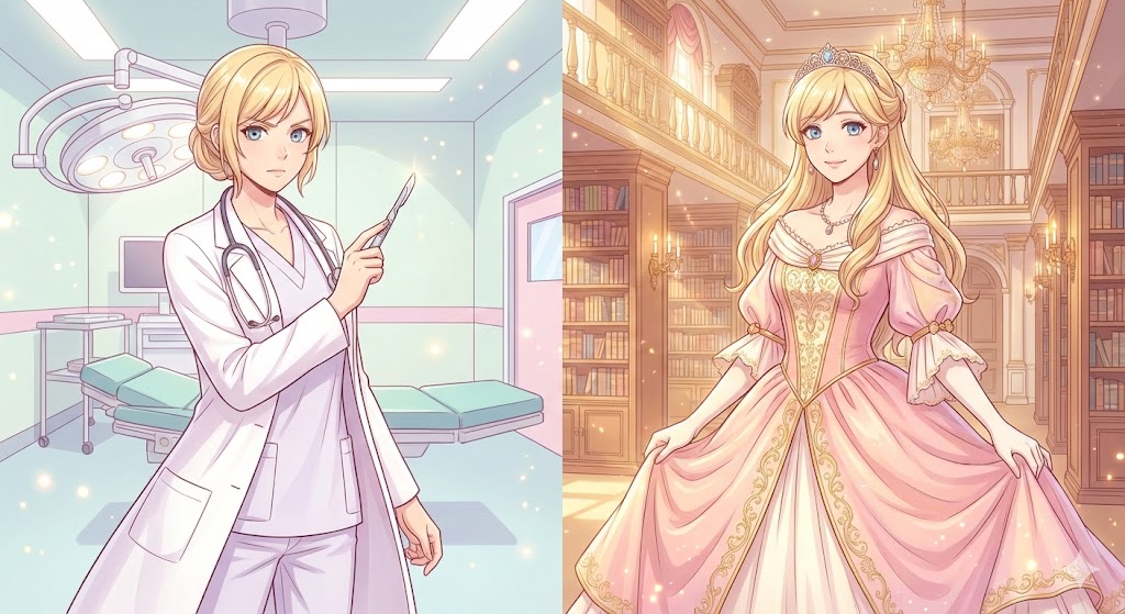 漫画『外科医エリーゼ』のあらすじと結末ネタバレを解説。現代の外科医姿と異世界の令嬢姿が対比された美麗なアイキャッチ画像。