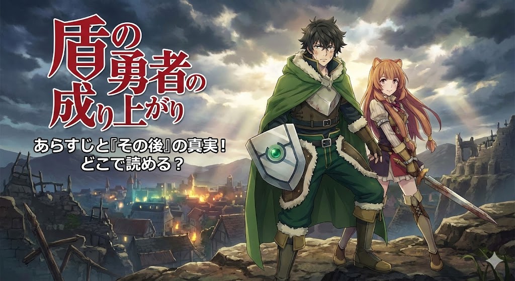『盾の勇者の成り上がり』尚文とラフタリア。「あらすじと『その後』の真実！どこで読める？」と書かれた記事アイキャッチ画像。