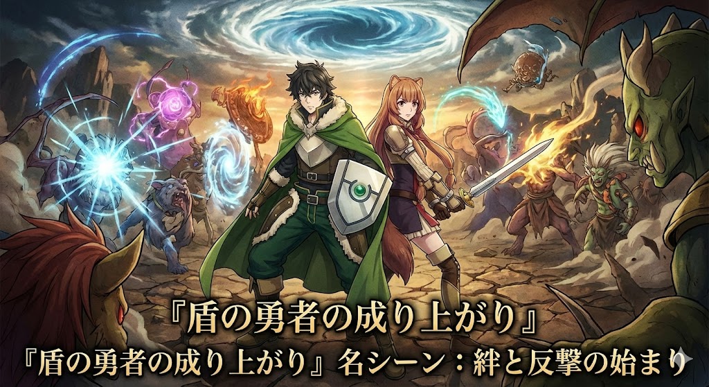 『盾の勇者の成り上がり』終盤の衣装を纏った尚文とラフタリア。「最安値で結末をチェック!」と書かれたお得に読むためのアイキャッチ画像。