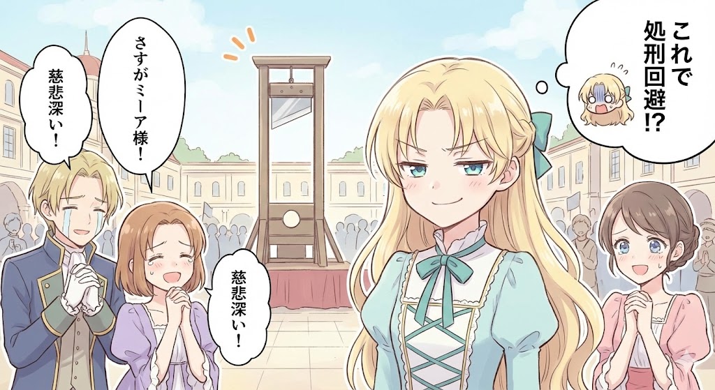 『ティアムーン帝国物語』のあらすじ・結末・どこで読めるかを解説。不敵な笑みのミーア、断頭台、主要キャラが描かれたアイキャッチ画像。