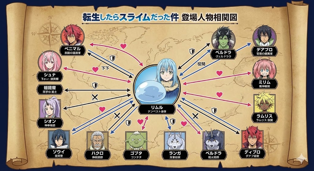 『転生したらスライムだった件』の主要キャラクター一覧と相関図。リムルを中心に、ヴェルドラやシュナ、ベニマルたちの関係性を網羅した図解画像。