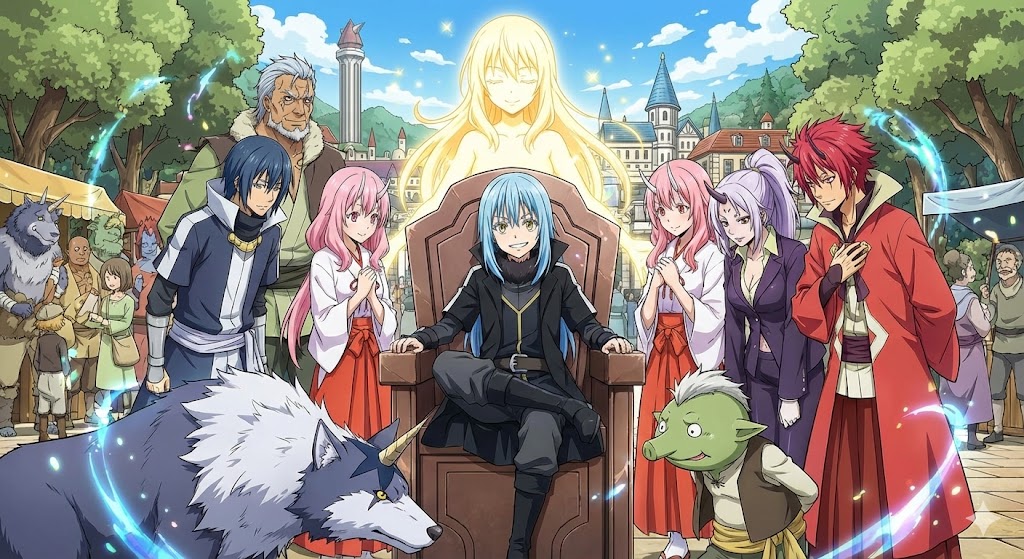 『転生したらスライムだった件』キャラクター集合イラスト。玉座のリムルを中心に、ベニマル、シュナ、シオン、ラファエルら主要メンバーが勢揃いしている。