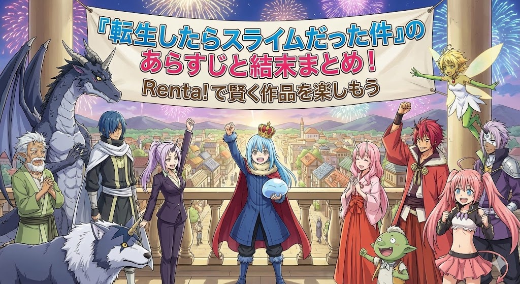 『転生したらスライムだった件』のあらすじと結末を総括する、リムルの晴れやかな表情。物語の読後感と満足感を象徴する、記事のまとめに最適な画像。