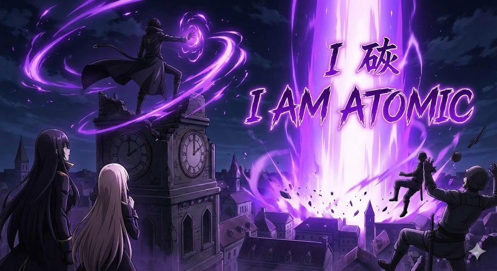 『陰の実力者になりたくて!』でシャドウが必殺技「I AM ATOMIC」を放ち、紫の光が街を包み込む迫力のイラスト。