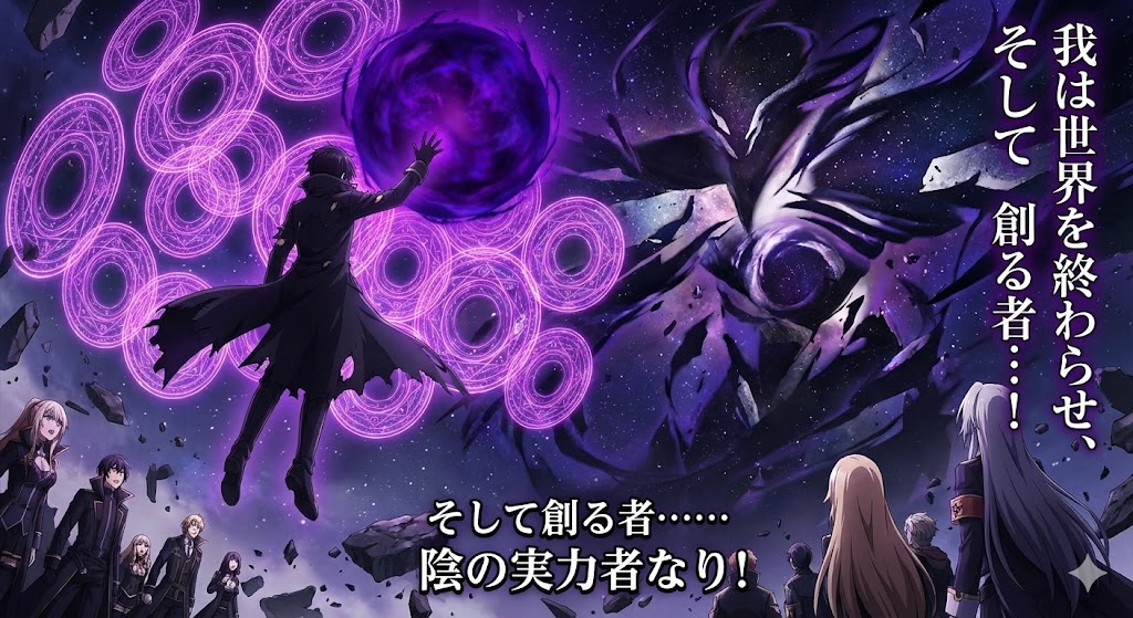 『陰の実力者になりたくて!』終盤のクライマックス。シャドウと七陰が集結し、紫の魔力を放つ圧倒的な決戦シーンのイメージイラスト。