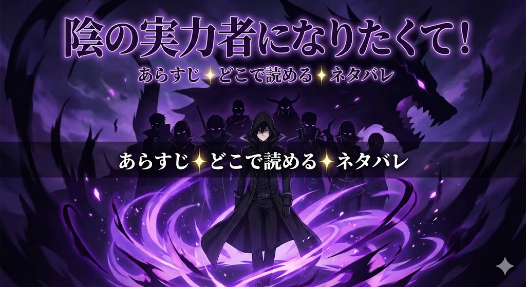 『陰の実力者になりたくて！』アイキャッチ画像。主人公シャドウと「あらすじ どこで読める ネタバレ」の文字が描かれたダークなイラスト。