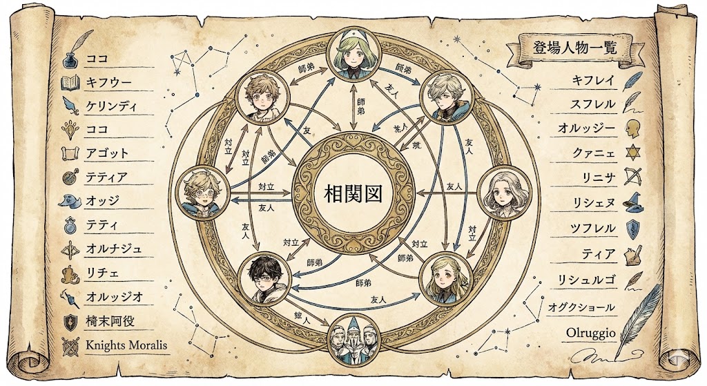 古い羊皮紙風の『とんがり帽子のアトリエ』登場人物相関図。ココやキーフリーなど主要キャラの関係性を魔法陣のような意匠で解説した図解。