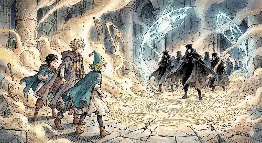 『とんがり帽子のアトリエ』終盤の宿敵「つばあり帽」との対決。魔法陣が輝く中でココたちが運命に立ち向かう、緊悟感あふれるバトルシーンの描写。