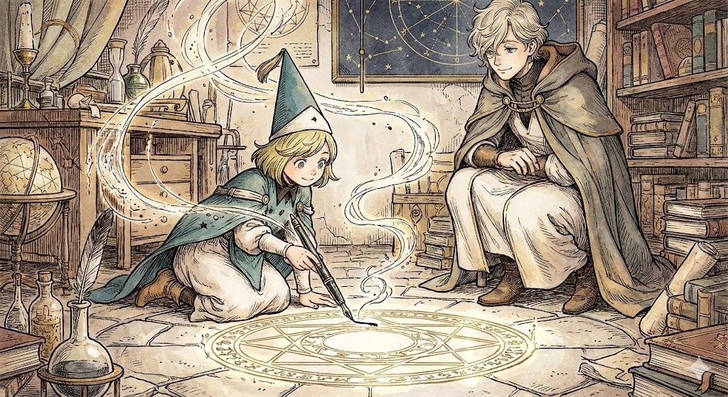 アトリエで魔法陣を描くココと見守るキーフリー。とんがり帽子のアトリエの世界観を象徴する、緻密な線画が美しい修行シーン。