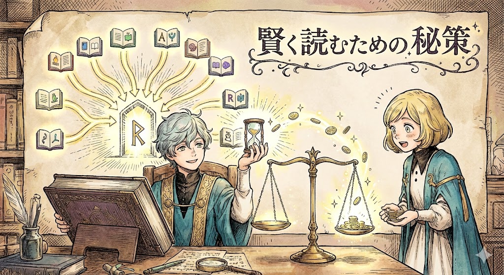 『とんがり帽子のアトリエ』をどこで読めるか、安く読むためのレンタル秘策を天秤で表現した図解イラスト。賢くお得に読む方法を魔法の知識として提案。