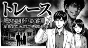 漫画『トレース』の過去の事件の真相やあらすじ、どこで読めるかを解説。法医研究員と事件現場、謎の影を描いた迫力あるモノクロ漫画風アイキャッチ画像。