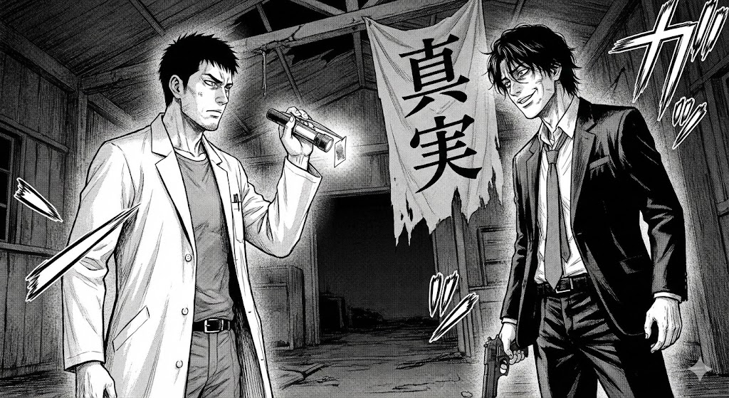 漫画『トレース』完結目前のクライマックスを彷彿とさせる、真野と壇の対峙シーン。過去の事件現場を背景に、真実を追い求める緊迫した様子を描いた画像。