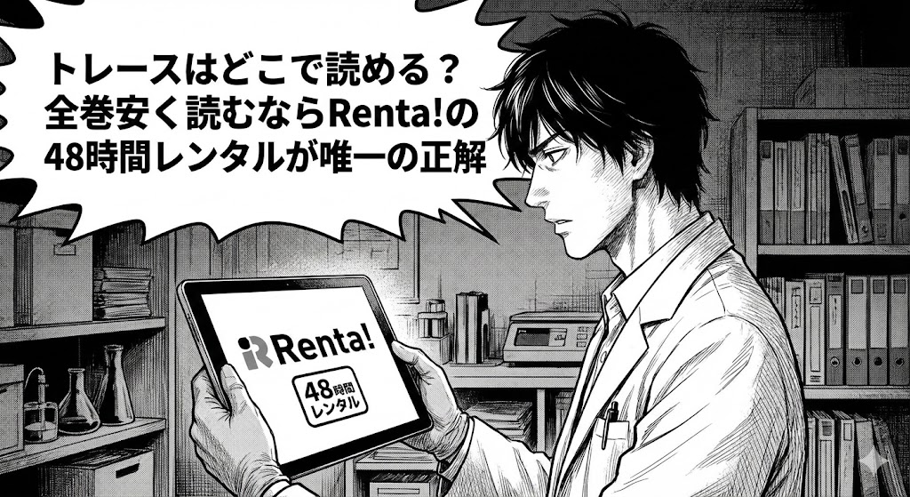 漫画『トレース』を安く読む方法を解説。Renta!の48時間レンタルを訴求する、真野と壇が描かれたモノクロ漫画風のアイキャッチ画像。