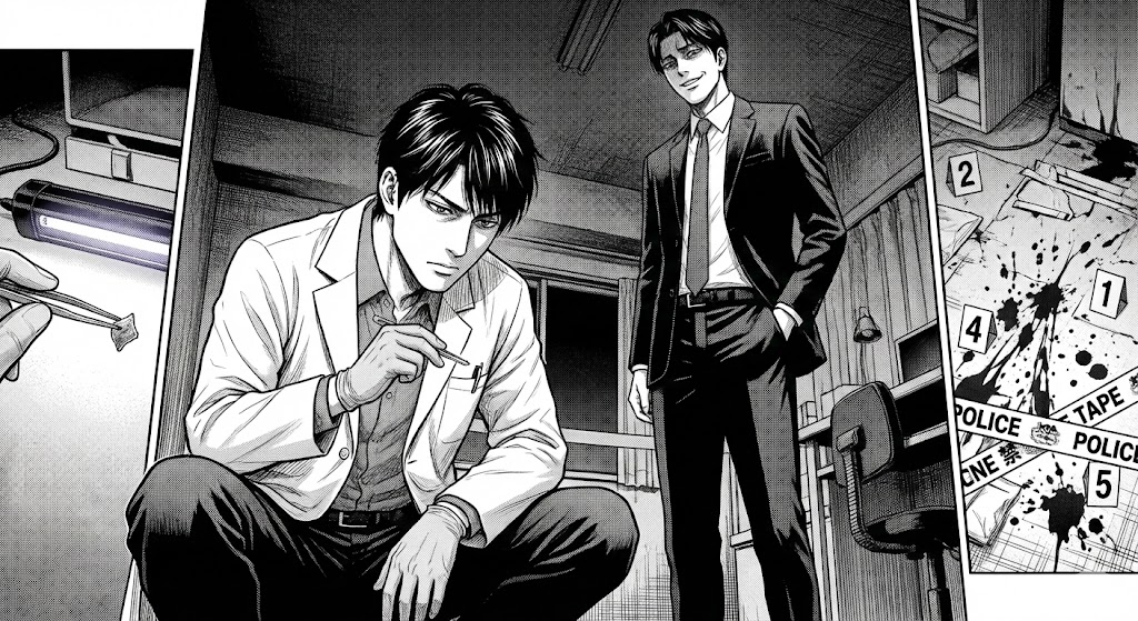 漫画『トレース』真野礼二が事件現場で証拠を鑑定し、背後で宿敵の壇浩輝が不敵に笑う緊迫のシーンを描いたイラスト。