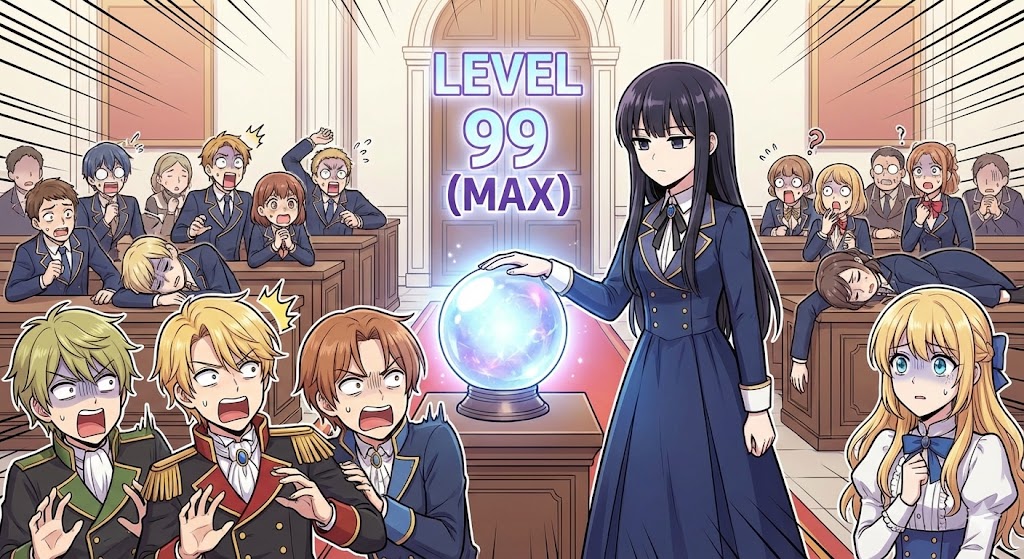 『悪役令嬢レベル99』の名シーン。ユミエラがレベル測定で「LEVEL 99」を出し、王子や周囲が驚愕してパニックになっているコミカルなイラスト。