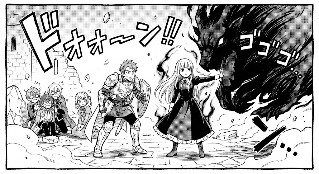 『悪役令嬢レベル99』終盤の、巨大な闇の剣を掲げるユミエラと仲間たちの様子。あらすじやネタバレ解説記事の内容を表現したアイキャッチ画像です。