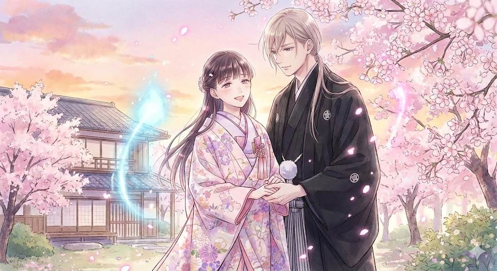 『わたしの幸せな結婚』の結末ネタバレ。桜が舞う中で執り行われる美世と清霞の感動的な祝言シーンを描いた、繊細で美しいラストシーンのイラスト。