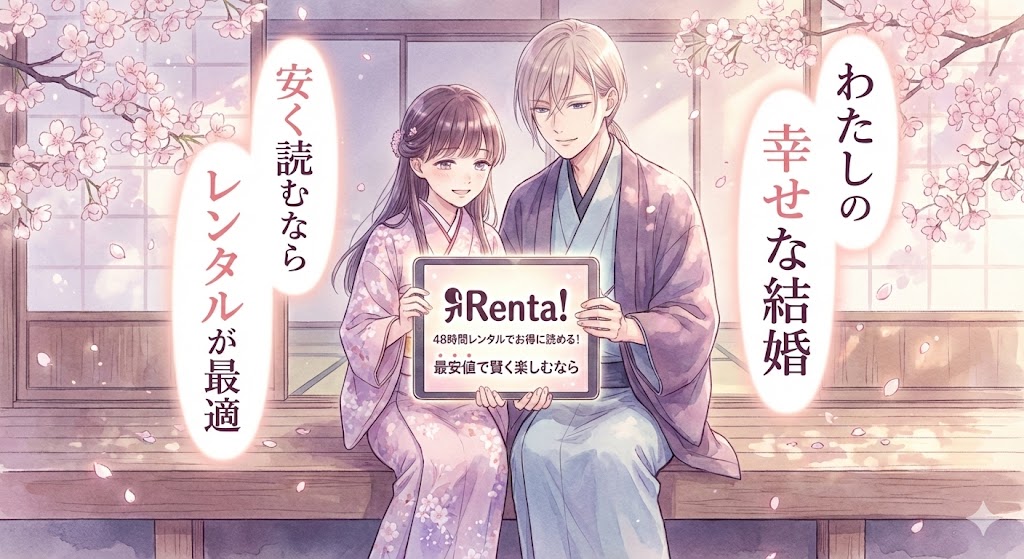 『わたしの幸せな結婚』を安く読むためにRenta!のレンタルを勧める画像。 美世と清霞がタブレットを持ち、お得な利用を促すイラスト。