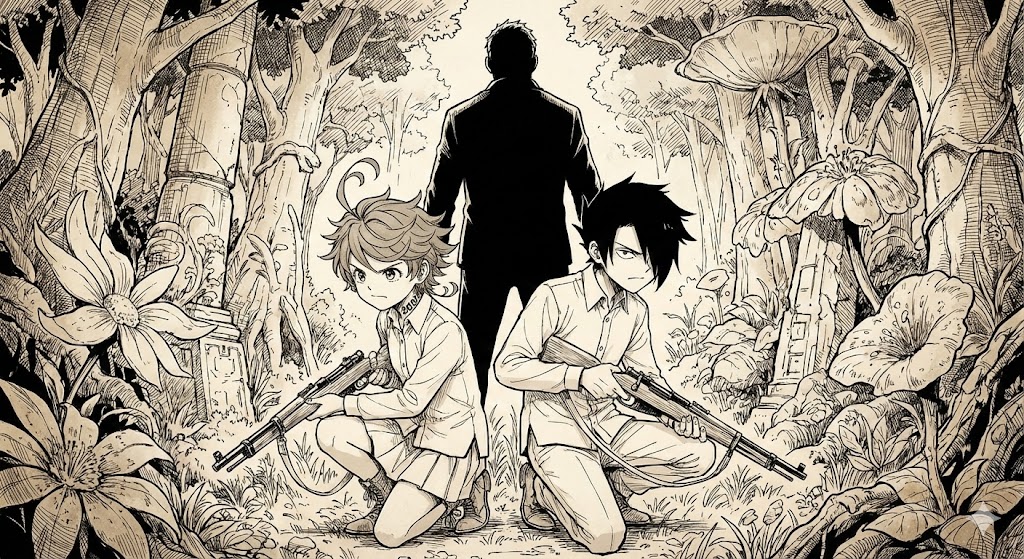 約束のネバーランドのアニメと原作の違いを象徴する比較画像。脱獄後の過酷なサバイバル描写やあらすじ、どこで読めるかという疑問に答えます。