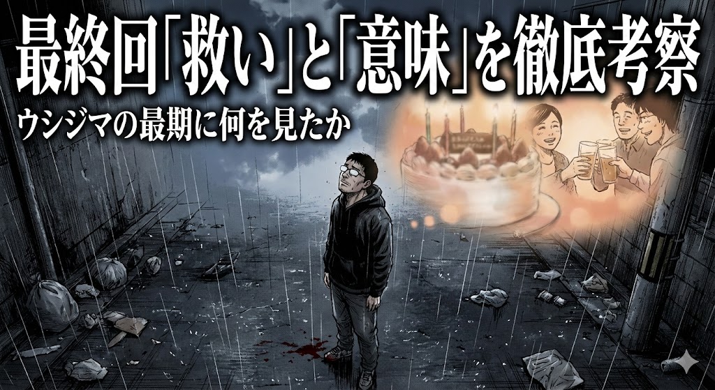 闇金ウシジマくんの最終回における救いと意味を徹底考察。雨の路上のウシジマの最期と仲間の誕生日会の対比を描いたアイキャッチ画像。