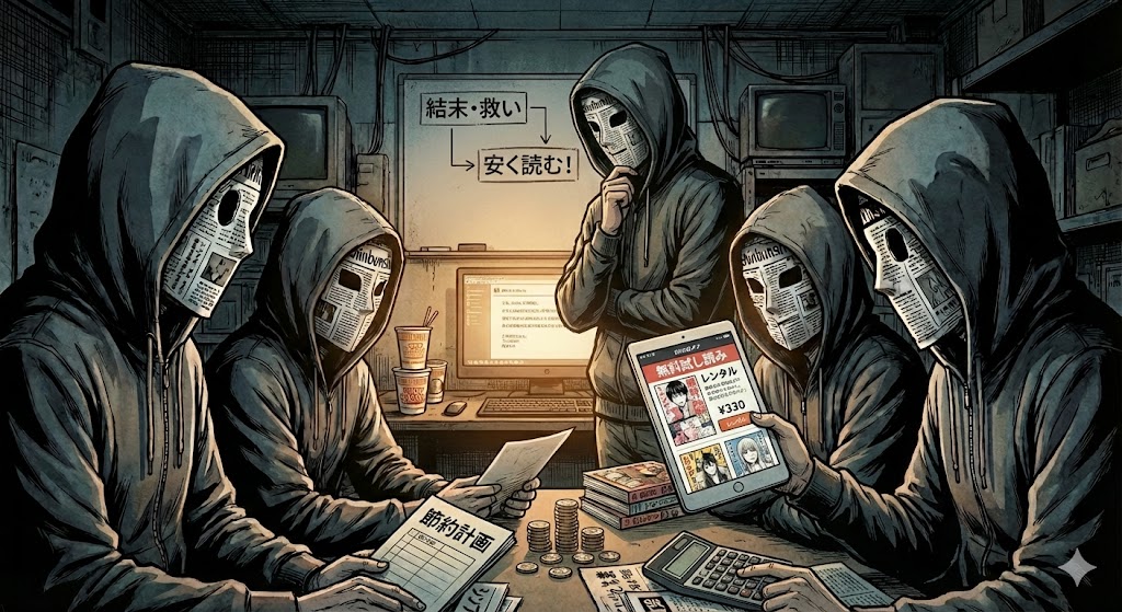 漫画予告犯の結末や救いの意味を考察し、シンブンシを安くお得に読む方法を提案する画像。新聞紙マスクを被る男たちの姿と物語の重厚な雰囲気。