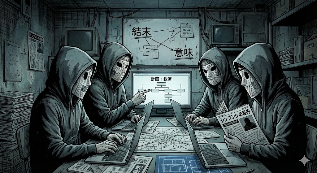 漫画予告犯のシンブンシの目的や結末の救いを考察するためのイメージ画像。新聞紙マスクの集団がサイバーなアジトで計画を練る不穏な光景。