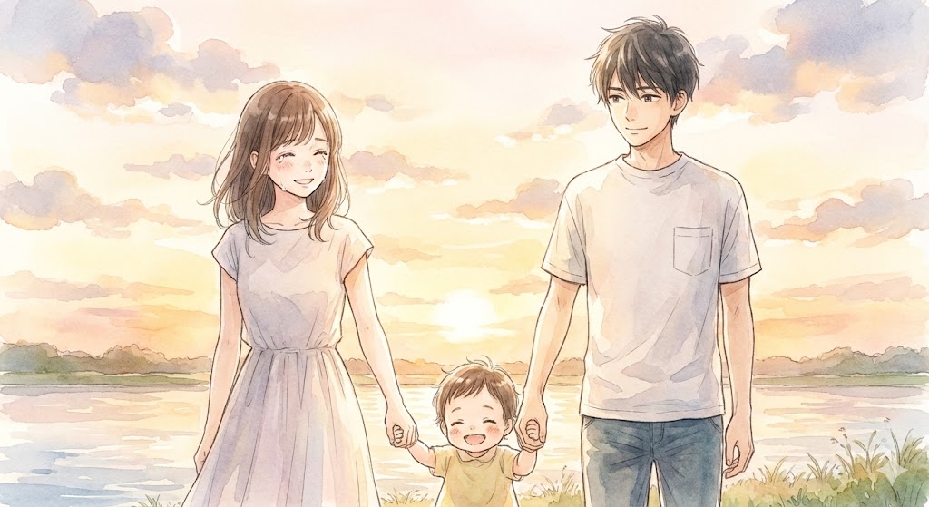 漫画『あの子の子ども』最終回のその後。夕暮れの河川敷で、福と宝が子供の手を引き歩く未来の姿を描いた、救いを感じるエモーショナルなイラスト。