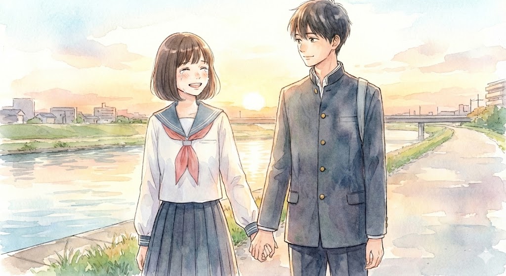 夕暮れの河川敷で涙を浮かべ微笑む女子高生と寄り添う男子高生。漫画『あの子の子ども』の繊細なタッチを再現したエモーショナルなイラスト。