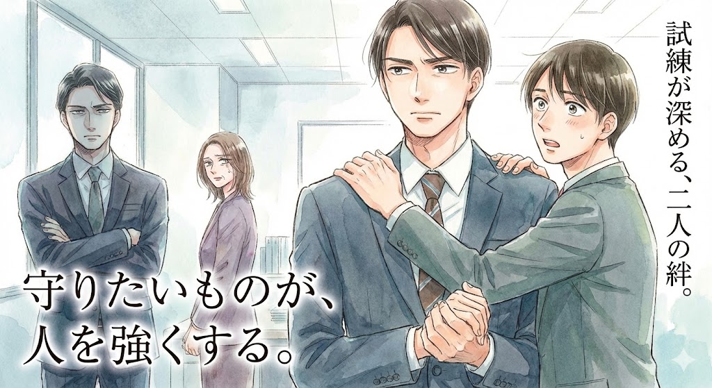 安達が黒沢を守るように立つチェリまほの原作風イラスト。背後には松浦社長と橘。「守りたいものが、人を強くする。」というメッセージ入り。