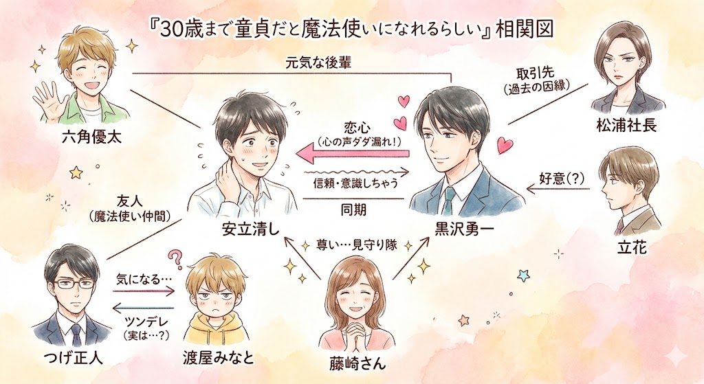 チェリまほの相関図。安達と黒沢を中心に、柘植、湊、藤崎さん、六角、さらに松浦社長や立花までを網羅。原作風の柔らかな画風で描かれた人物相関のイラスト。